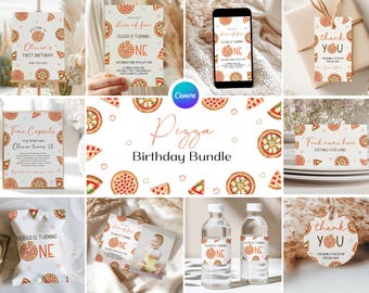 Pizza 1st Birthday Party Bundle, Slice of Fun First Birthday Bundle, Pizza Slices Birthday Invitation Pack, Italian Pizza Birthday Decor PA1