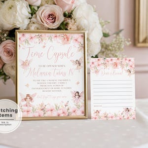 Cápsula do tempo do primeiro aniversário da fada para impressão, cartão da cápsula do tempo do primeiro aniversário da fada floral, lembrança editável do primeiro aniversário da fada rosa FY1