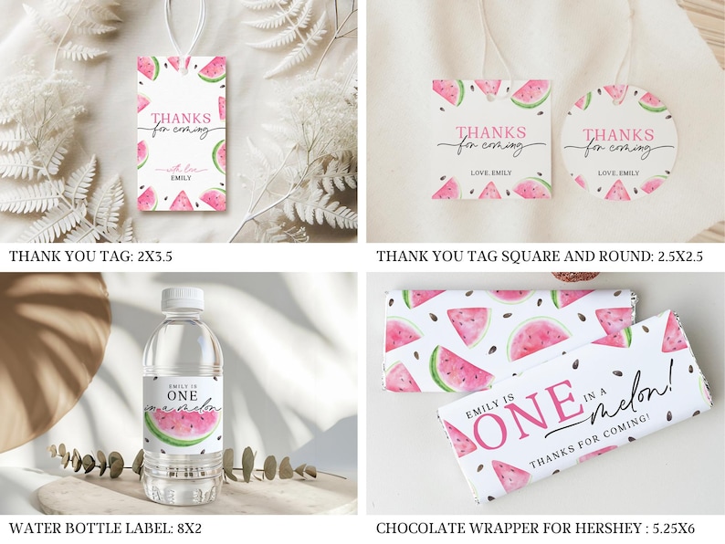 May include: Watermelon-themed party favor tags, labels, and wrappers.  The tags are pink and white with the text "Thanks for coming". The labels are white with a watermelon graphic and the text "Emily is One". The wrappers are white with a watermelon graphic and the text "Emily is One in a Melon! Thanks for coming!"