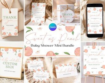 May include: A set of printable baby shower decorations with a peach theme. The set includes a welcome sign, food labels, thank you tags, and a custom sign. The decorations feature watercolor illustrations of peaches and leaves.