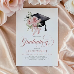 Blush Blumen College Abschlussfeier Einladung, Aquarell Pink Grad Party einladen, elegante Abschlussfeier 2025 Evite, Abitur Graduierung Vorlage