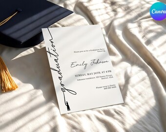 Hand-Drawn Grad Announcement Card, Monochrome Grad Party Invitation, Editable Senior Graduation Party Invite, Simple Grad Party Invitation