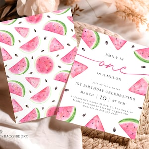 May include: Watermelon-themed first birthday invitation with pink and green watercolor illustrations of watermelon slices and seeds. The text reads "Emily is one in a melon. Join us for a sweet 1st birthday celebrating March 10 at 2pm. At Johnson's House 45 Oak St. Los Angeles. Kindly respond to Lisa by August 5th. Contact at 555 123 4567."