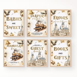 May include: Six printable signs for a baby shower with a Harry Potter theme. The signs feature a train, a castle, and other Harry Potter-themed imagery. The signs say "Babies are Sweet", "Diaper Raffle", "Favors Please Take One", "Mimosa Bar", "Guest Book", and "Books and Gifts".