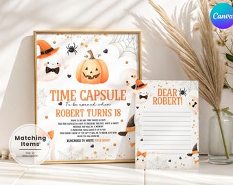 May include: A framed Halloween-themed time capsule print and a matching letter sheet. The print features a pumpkin, ghosts, and the text "TIME CAPSULE" and "ROBERT TURNS 18". The letter sheet says "DEAR ROBERT!"
