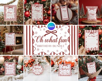 May include: A birthday bundle with a red and white striped design. The bundle includes invitations, thank you cards, and a sign that says "Oh what fun BIRTHDAY BUNDLE". The design has snowflakes and a bow.