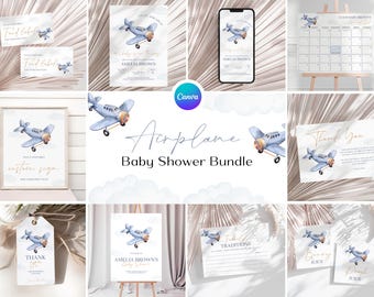 May include: A baby shower bundle featuring a blue airplane theme. The bundle includes a range of printable items, such as invitations, thank you cards, and games. The items are decorated with watercolour illustrations of aeroplanes and clouds.