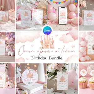 Könnte beinhalten: Eine Sammlung von rosa und pfirsichfarbenen Geburtstagsfeier-Artikeln mit Märchen-Thema. Enthält Einladungen, Essensetiketten, Dankeskarten, Cupcake-Topper und ein individuelles Schild. Die Worte "Once upon a time" und "Birthday Bundle" sind zu sehen.