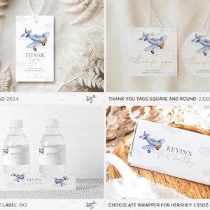 May include: Printable party favor tags featuring a blue airplane with white clouds and gold accents. The tags are available in square and round shapes and say "Thank you". There are also printable water bottle labels with a blue airplane and the text "Kevin's First Birthday". A printable chocolate wrapper features a blue airplane with white clouds and gold accents and the text "Kevin's First Birthday".