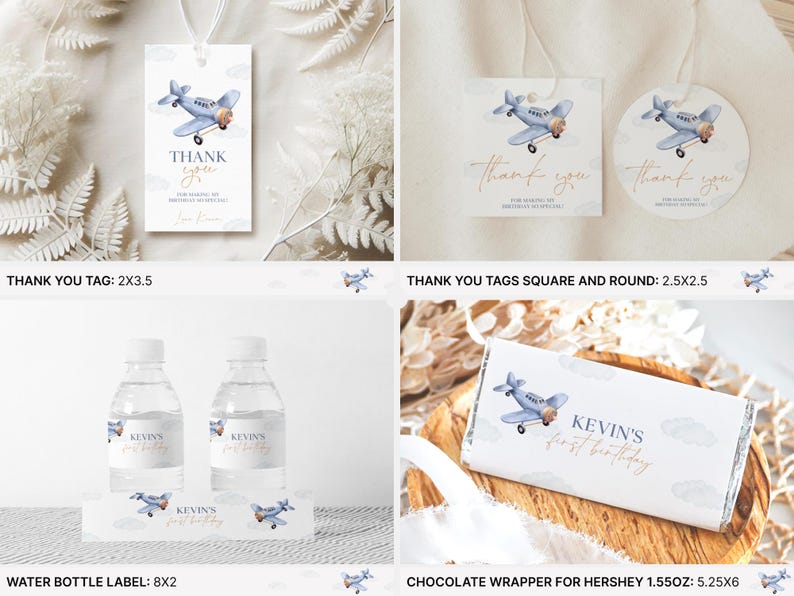 May include: Printable party favor tags featuring a blue airplane with white clouds and gold accents. The tags are available in square and round shapes and say "Thank you". There are also printable water bottle labels with a blue airplane and the text "Kevin's First Birthday". A printable chocolate wrapper features a blue airplane with white clouds and gold accents and the text "Kevin's First Birthday".