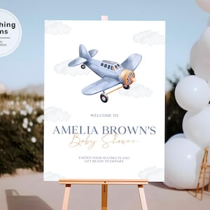 Airplane Baby Shower Welcome Sign, Up Up and Away Decor Welcome Poster, Vintage Travel Shower Welcome Board, Pilot Aviation Shower Decor AR7