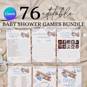 Blue Airplane Baby Shower Games Bundle, Up Up and Away Shower Activity Set, Aviation Baby Boy on the Way Games Pack, Plane Shower Games AL2