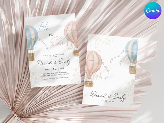 Hot Air Balloon Gender Reveal Invite, Gender Reveal Invitation Template, He or She Reveal Party Invite, Balloon Baby Gender Reveal Invite
