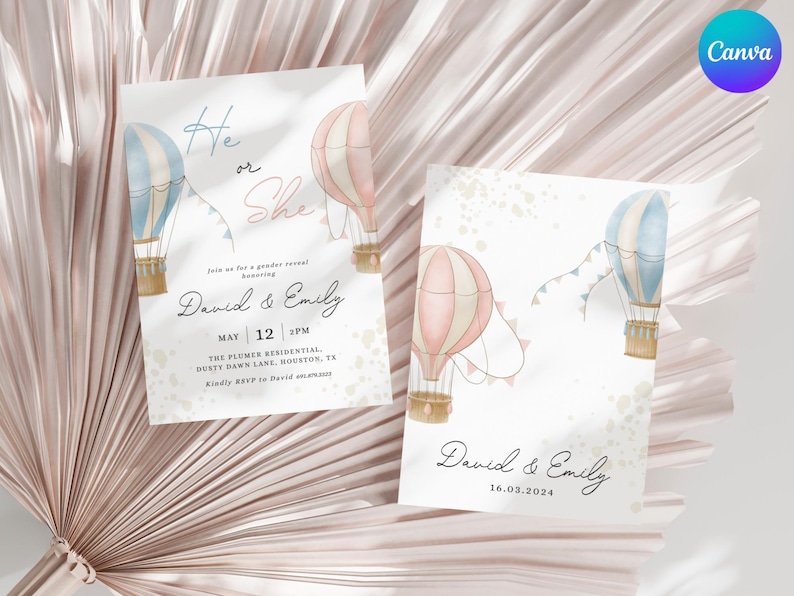 Hot Air Balloon Gender Reveal Invite, Gender Reveal Invitation Template, He or She Reveal Party Invite, Balloon Baby Gender Reveal Invite image 1