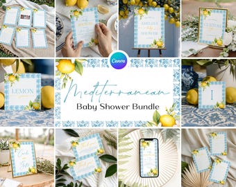 Paquete de baby shower mediterráneo, paquete de invitaciones para baby shower de limón, paquete de fiesta de baby shower con azulejos azules, juego de juegos para baby shower italiano LB1