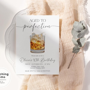May include: A white rectangular birthday invitation card featuring the text AGED TO PERFECTION and an illustration of a glass of whiskey with ice. The card includes details for Oliver's 40th Birthday on Friday, October 15th at 3PM at Whisky Drive.