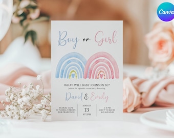 May include: A gender reveal party invitation with a watercolor rainbow design in blue and pink. The invitation says "Boy or Girl?" and includes the text "What will Baby Johnson be?"  Join us for a gender reveal party honoring David & Emily. Floral Cafe, 81 Floral Street, San Francisco. March 13 at 2pm. 1-4pm RSVP to David 445-445-4545.