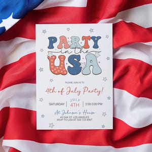 Party In The Usa Invite, Groovy 4Th Of July Invitation, Retro Fourth Of July Invite, Red White & Blue Patriotic Party Independence Day Party