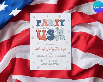 Party In The Usa Invite, Groovy 4Th Of July Invitation, Retro Fourth Of July Invite, Red White & Blue Patriotic Party Independence Day Party