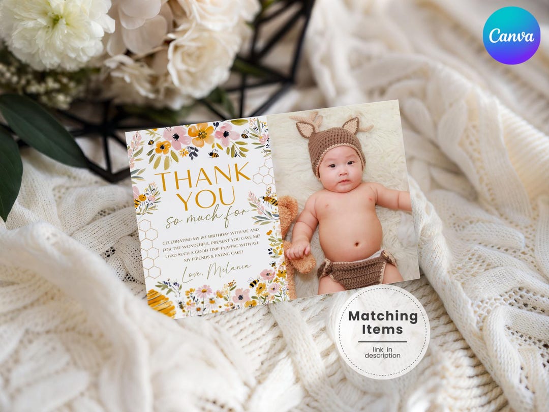 Wildflower Bumble Bee Gratitude Card With Photo – 1st Bday (instant ...
