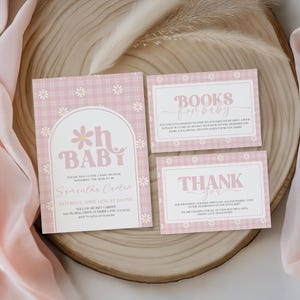 Boho Daisy Babyparty einladen, Blumenbogen-Babyparty-Einladung, rosa Oh Babyparty einladen Vorlage, bearbeitbare Daisy Baby Dankeskarte