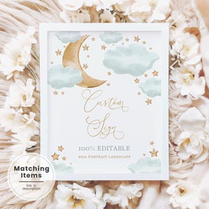 Puede incluir: Un cartel imprimible enmarcado en blanco con una luna creciente dorada y nubes azules de acuarela. El cartel dice "Custom Sign" y "100% Editable 8x10 Portrait Landscape".
