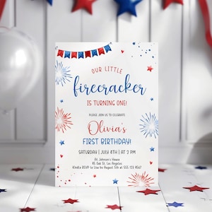Il nostro piccolo invito di compleanno Firecracker, invito di compleanno del 4 luglio, invito del 4 luglio, invito di compleanno rosso bianco e blu