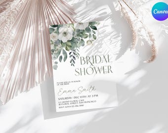 Invitación para despedida de soltera con eucalipto, invitación para despedida de soltera con follaje, invitación para despedida de soltera con flores blancas, plantilla de invitación para despedida de soltera en verde salvia