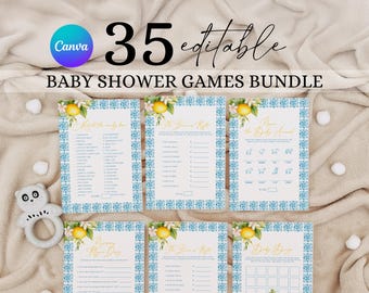 Lemonade Baby Shower Game Bundle, Citrus Baby Shower Activities, Summer Baby Shower Games, Lemon Party Games, Blue Tile Shower Game Pack LB1