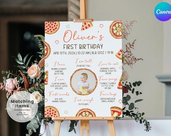 May include: A white printable sign with a pizza theme for a first birthday. The sign includes the child's name, Oliver, and details about their first year, including their weight, height, favorite foods, songs, and toys. A photo of the child is included in a circle.