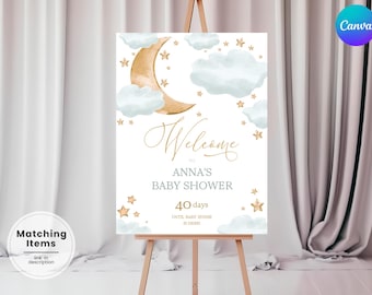 Over The Moon Baby Shower Welcome Sign Moon Stars Welcome Sign Printable Twinkle Baby Shower Welcome Poster Little Star Baby Shower Sign PQ4