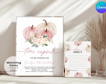May include: A framed time capsule sign and a matching card. The sign features watercolor pumpkins and flowers, with text that reads "Time Capsule" and "Emily's 18th Birthday!" The card says "Dear Emily" and has lines for writing.