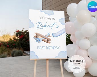Editable Airplane 1st Birthday Welcome Sign, Time Flies First Birthday Welcome Board, Blue Plane 1st Birthday Party Entrance Poster AL1