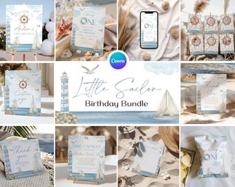Sailor First Birthday Bundle, Nautical 1st Birthday Party Bundle, Sailing into One Party Package, Sailing Boat 1st Birthday Decor Set NU1