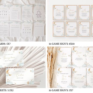 May include: A collection of baby shower game cards and signs. The cards are white with gold text and illustrations of a crescent moon, clouds, and stars. The set includes 76 game cards (5x7 inches), 16 signs (8x10 inches), 6 tickets (3.5x2 inches), and 16 signs (5x7 inches).