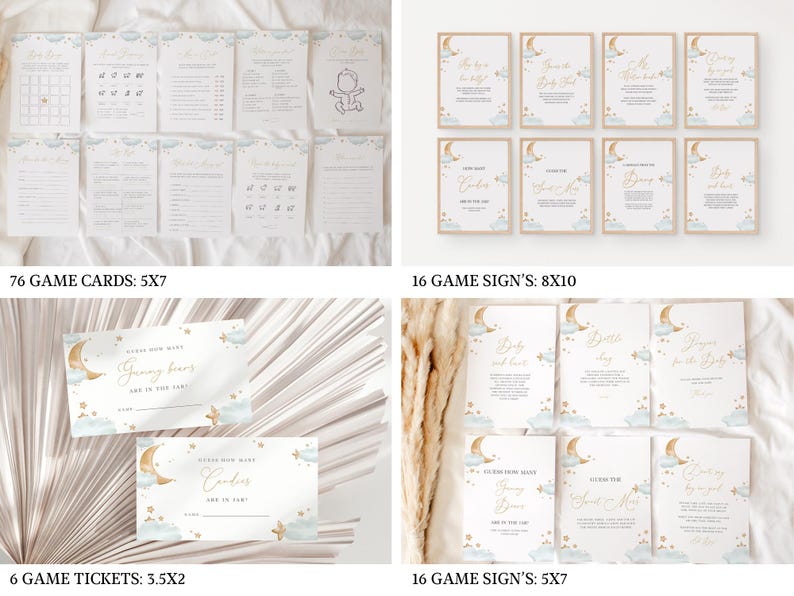 May include: A collection of baby shower game cards and signs. The cards are white with gold text and illustrations of a crescent moon, clouds, and stars. The set includes 76 game cards (5x7 inches), 16 signs (8x10 inches), 6 tickets (3.5x2 inches), and 16 signs (5x7 inches).