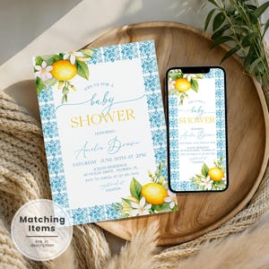 Mediterranean Baby Shower Evite, Lemon Baby Shower Invitation, Blue Tile Baby Shower Invitation, Italian Baby Shower Evite Template LB1