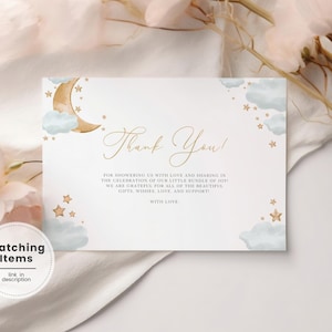 Tarjeta de agradecimiento para baby shower con estrellas brillantes para imprimir Tarjeta de agradecimiento con la luna Tarjeta de agradecimiento con la luna dorada y estrellas para baby shower editable PQ4