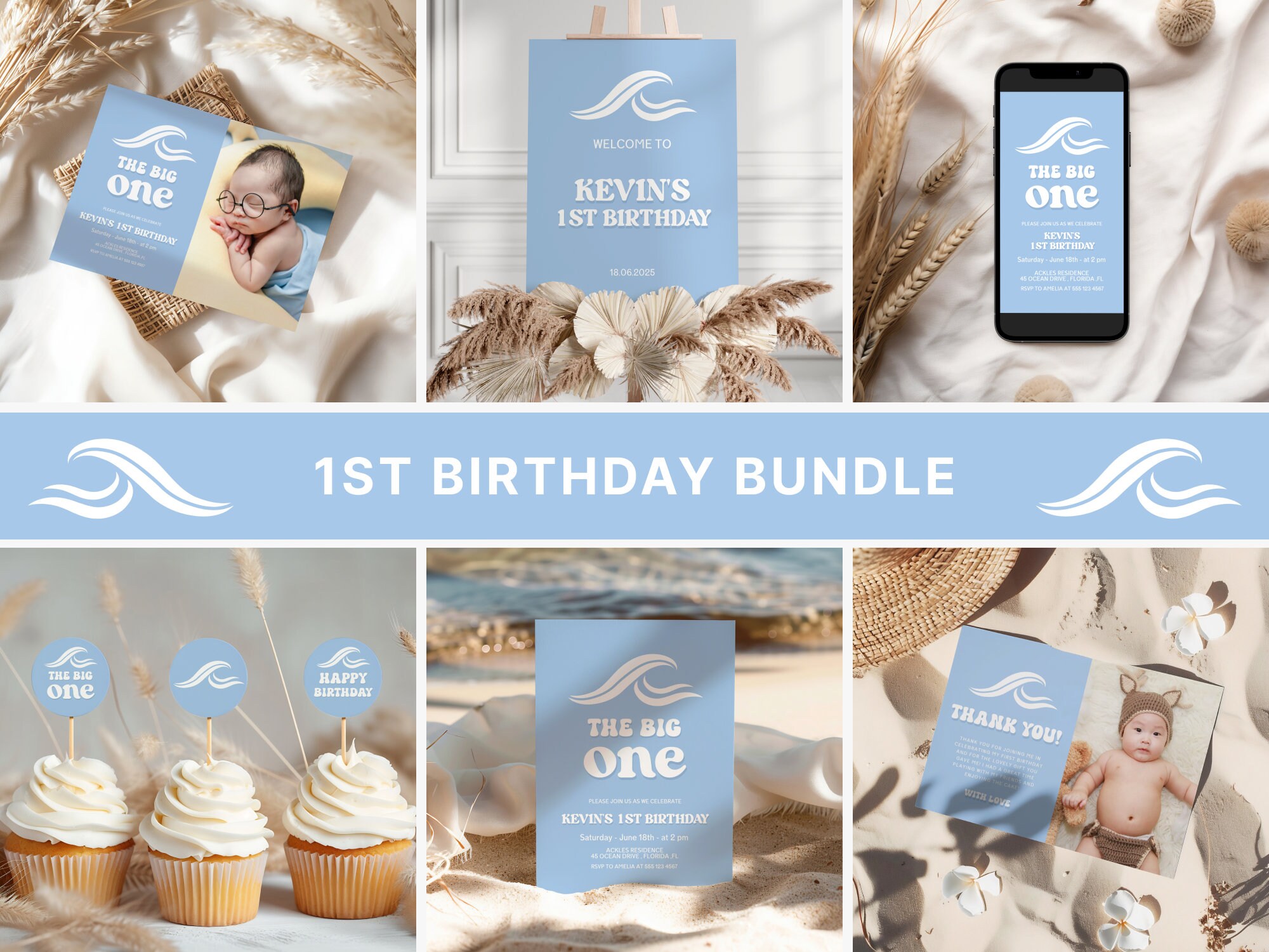 The Big One Bday Invitation Pack Surfing 1st Birthday Bundle for Boys Wave Theme First Birthday Invite Set Boy Pool Party