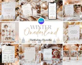Winter Onederland 1st Birthday Bundle, Woodland First Birthday Party Package, Onederland  Birthday Invitation, Forest 1st Bday Decor JB1