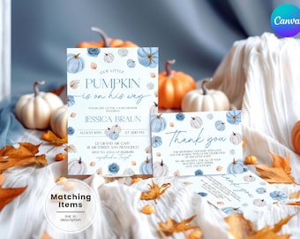 May include: Baby shower invitations and thank you cards with a pumpkin theme. The invitation reads "Our Little Pumpkin is on his way" with the name Jessica Braun and event details. The cards feature blue and white pumpkins and fall leaves.