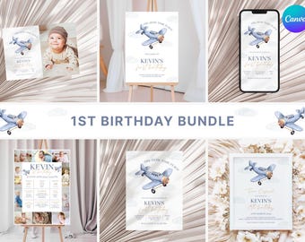 Airplane Birthday Party Bundle, Time Flies Birthday Set, Jet Pilot 1st Birthday Boy Party Suite, Airplane Invitation, Plane Party Decor FL2