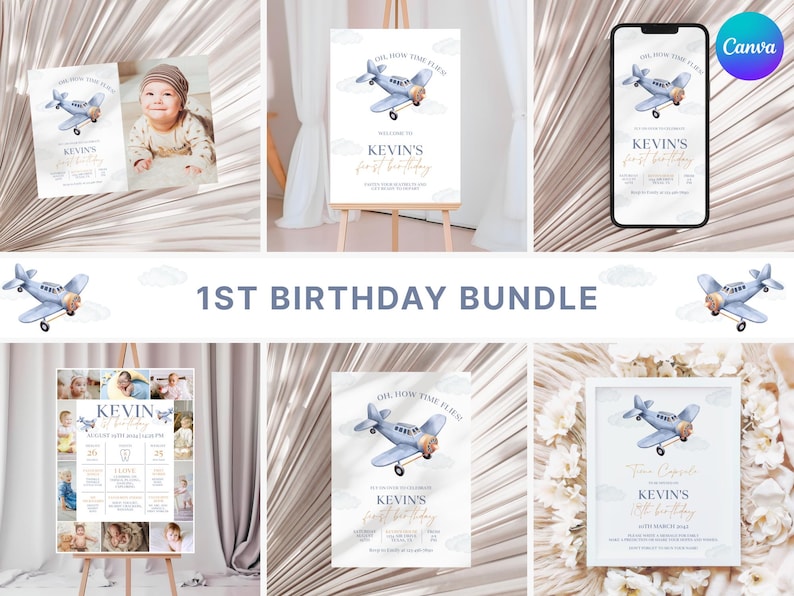 May include: A printable 1st birthday party bundle with a blue airplane theme. The bundle includes a welcome sign, invitation, photo collage, and a printable sign with the text "One, Two, Three, Fly!"