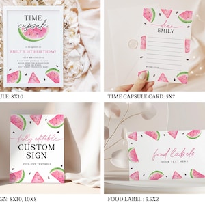 May include: Printable watermelon-themed party decorations, including a time capsule, a card, a custom sign, and food labels. The decorations feature a watercolor design with pink and green watermelons.