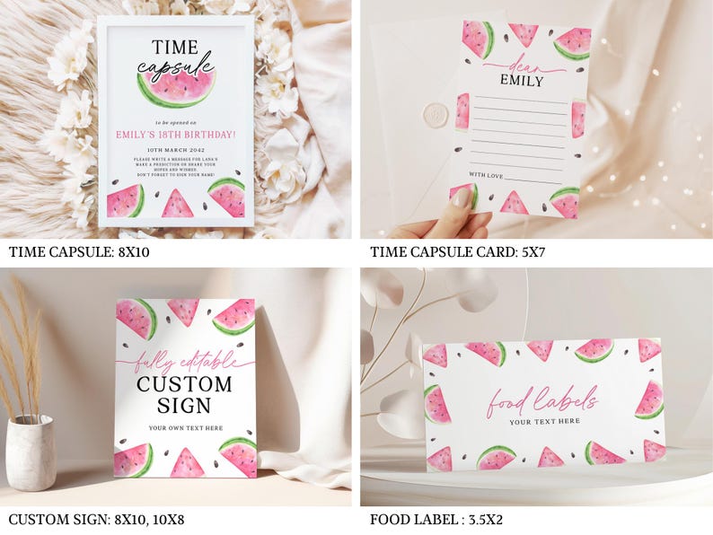 May include: Printable watermelon-themed party decorations, including a time capsule, a card, a custom sign, and food labels. The decorations feature a watercolor design with pink and green watermelons.