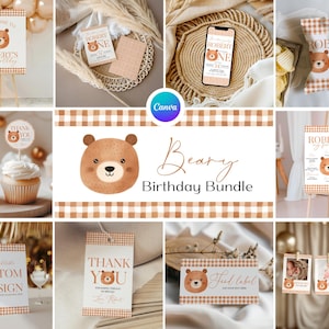 Bear-y 1e verjaardagsfeestbundel, teddybeer eerste verjaardagsbundel, bruine beary eerste verjaardagsfeestset, beary eerste feestdecoraties BY1