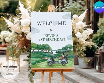 Hole in One Birthday Welcome Sign, Let&#39;s Par Tee Birthday Party Sign, Printable Golf Kids Birthday Decor, Golfing Theme Welcome Board GL6