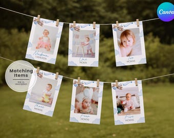 May include: A series of baby milestone photo cards, each clipped to a string with wooden clothespins. The cards feature photos of a baby with text indicating the age in months. The cards have a blue cloud and airplane design.