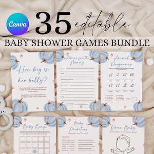 Blaues Kürbis-Spielepaket, kleines Kürbis-Dusche-Spielepaket, Florale Kürbis-Babyparty-Aktivitäten, Herbst-Babyparty-Spielkarten BB1