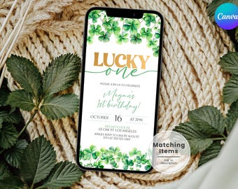 Lucky One Birthday Mobile Invitation, Lucky Charm First Birthday Evite, Clover 1st Birthday Digital Template, March Birthday Phone Evite ST1